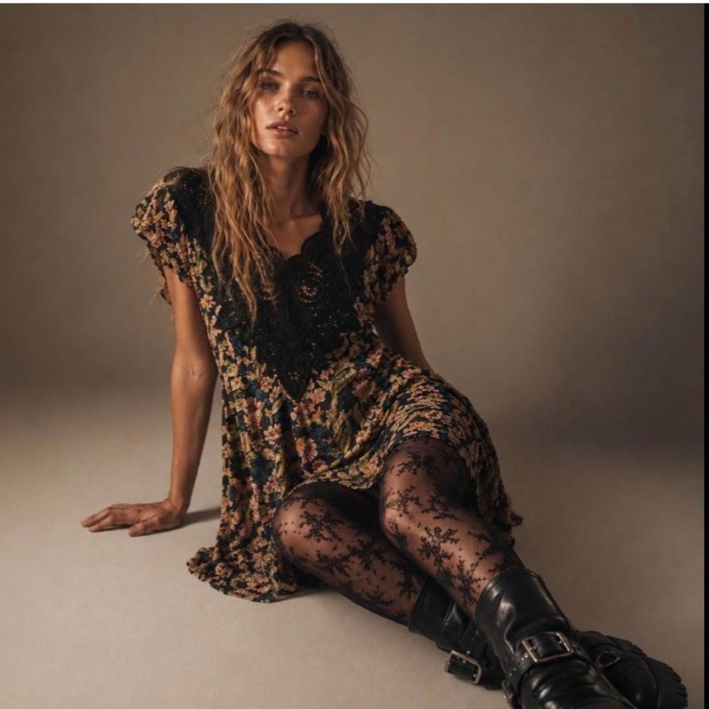 Free People Margot Floral Black Lace Mini Dress NWT Sz S